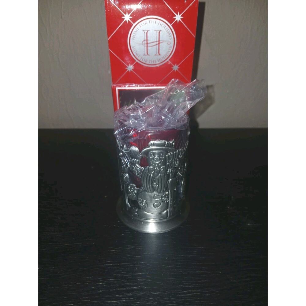 Home for the Holidays Mini Votive Candle Holder Pewter with Red Glass Snowman